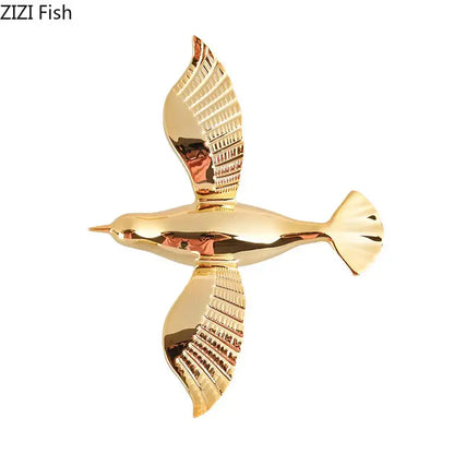 Metallic gold bird-shaped pigeon wall ornament with textured wings and reflective finish for living room dove statue decor