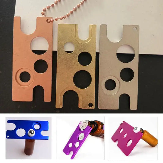 Metallic multi color essential oils opener tool in copper gold and silver with circular cutouts for kitchen storage decorbites essential oils