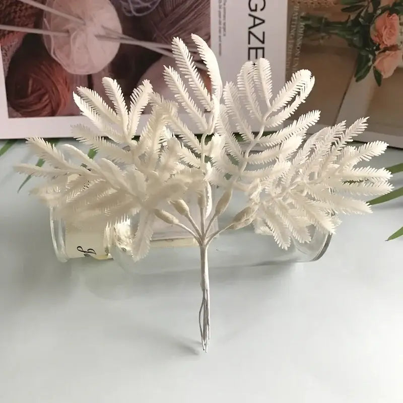 Metallic silver gold and white artificial eucalyptus leaf bunch six-pack featuring white plastic fern-style eucalyptus branches