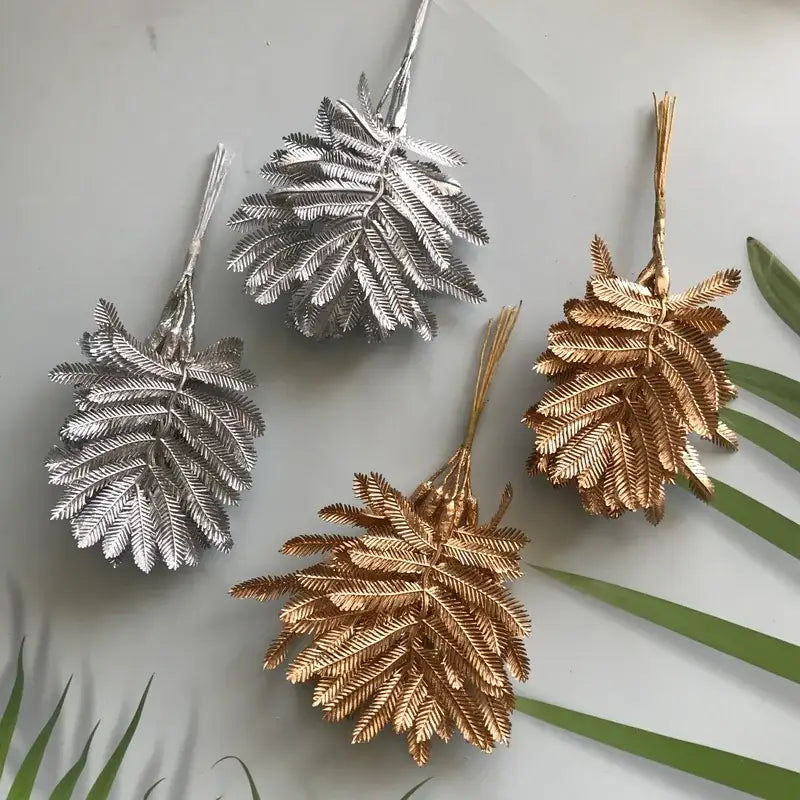 Metallic silver gold and white artificial eucalyptus leaf bunch with detailed fern-shaped eucalyptus branches for living room decor