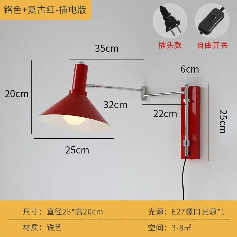 Red vintage-style wall lamp with chrome articulated arm iron construction for bedroom reading in decorbites cream wind wall