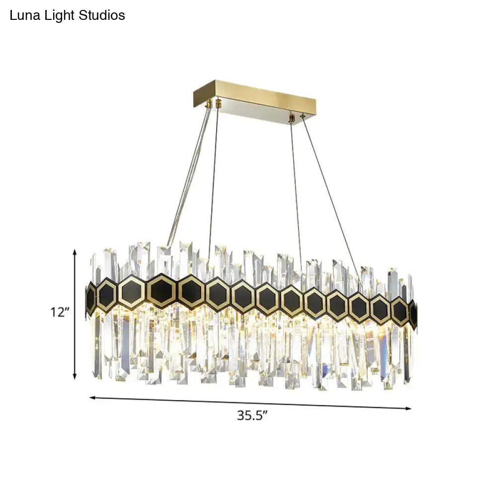 Mid-century black and gold crystal pendant light with clear prisms and hexagonal accents for dining room 110v-120v