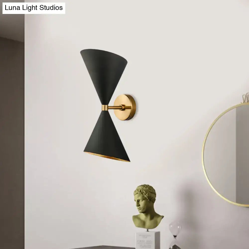 Black conical wall lamp with brass mounting plate and arm for living space compatible with 220v-240v 110v-120v