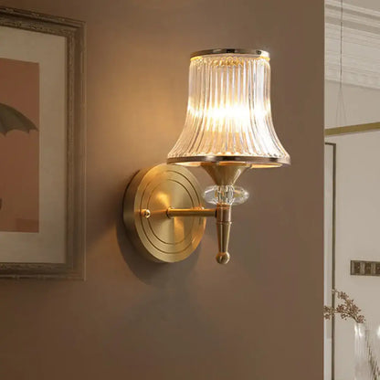 Mid-century brass crystal ribbed wall mounted lamp with fluted glass shade for living room lighting