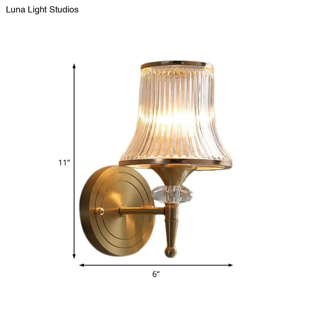 Mid-century brass crystal ribbed wall mounted lamp with translucent glass shade for living room lighting