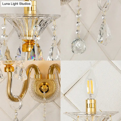 Elegant mid-century wall mounted crystal shade sconce with gold-finished arms and central glass globe for bedroom lights wall use