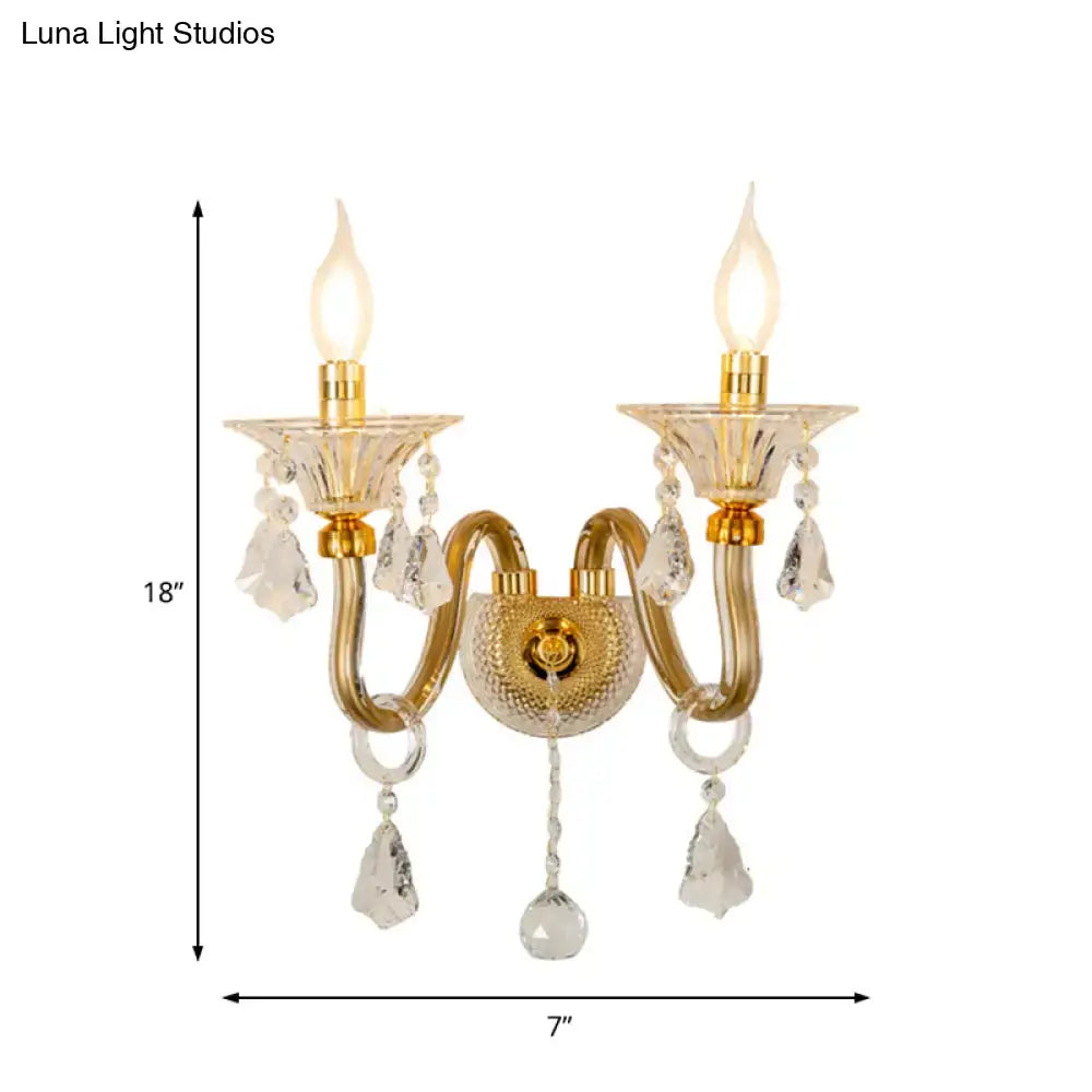Mid-century brass crystal shade wall mounted sconce featuring gold-toned crystal lights wall with teardrop crystals
