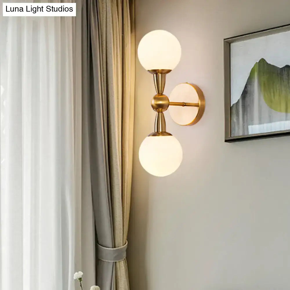 Mid century wall mount light with gold-toned brass and two frosted opal glass globes for bedroom 220v-240v 110v-120v