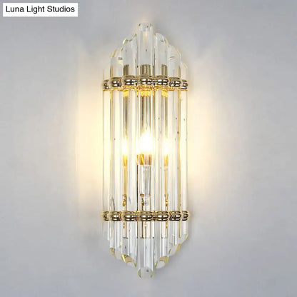 Elegant mid century gold crystal pipe flush wall sconce with vertical glass rods for living room illumination