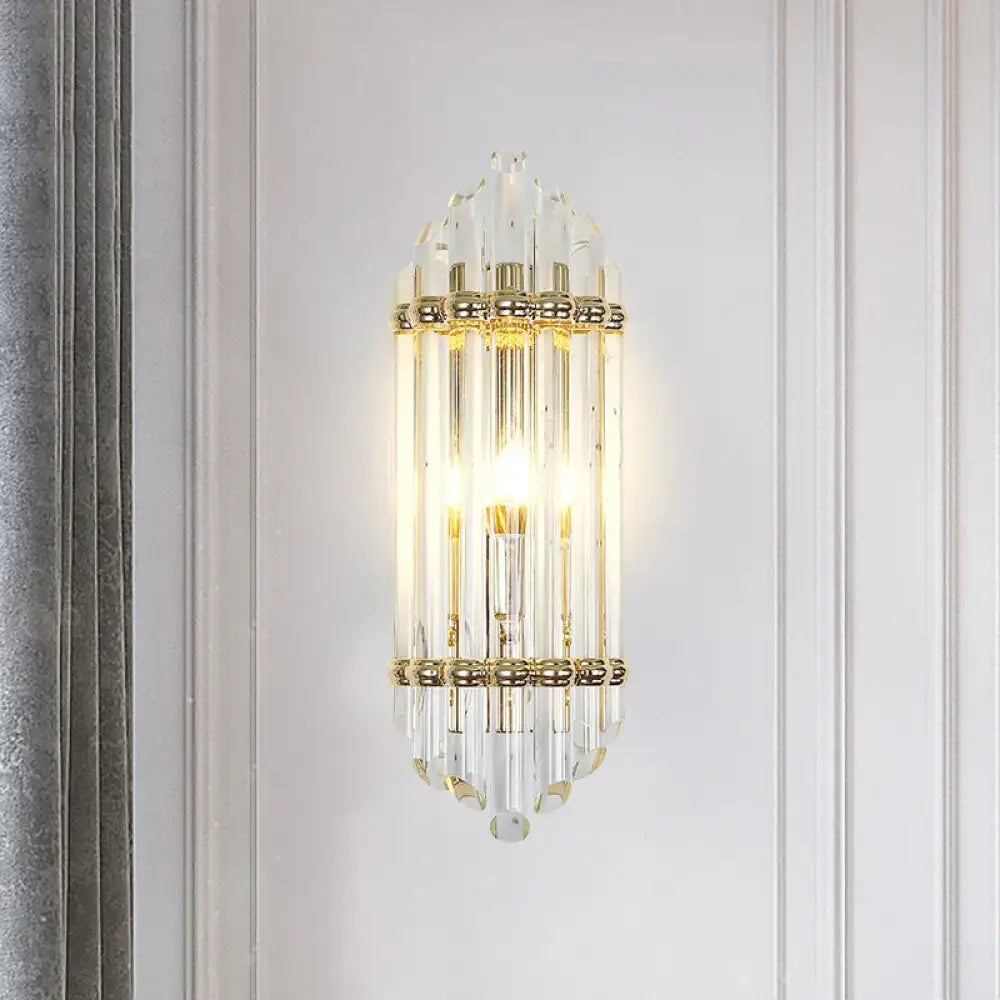 Elegant mid century gold crystal pipe flush wall sconce with clear crystal rods and decorative metal bands for living room