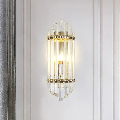 Elegant mid century gold crystal pipe flush wall sconce with clear crystal rods and decorative metal bands for living room
