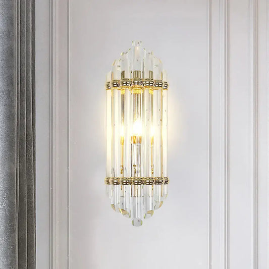 Elegant mid century gold crystal pipe flush wall sconce with clear crystal rods and decorative metal bands for living room