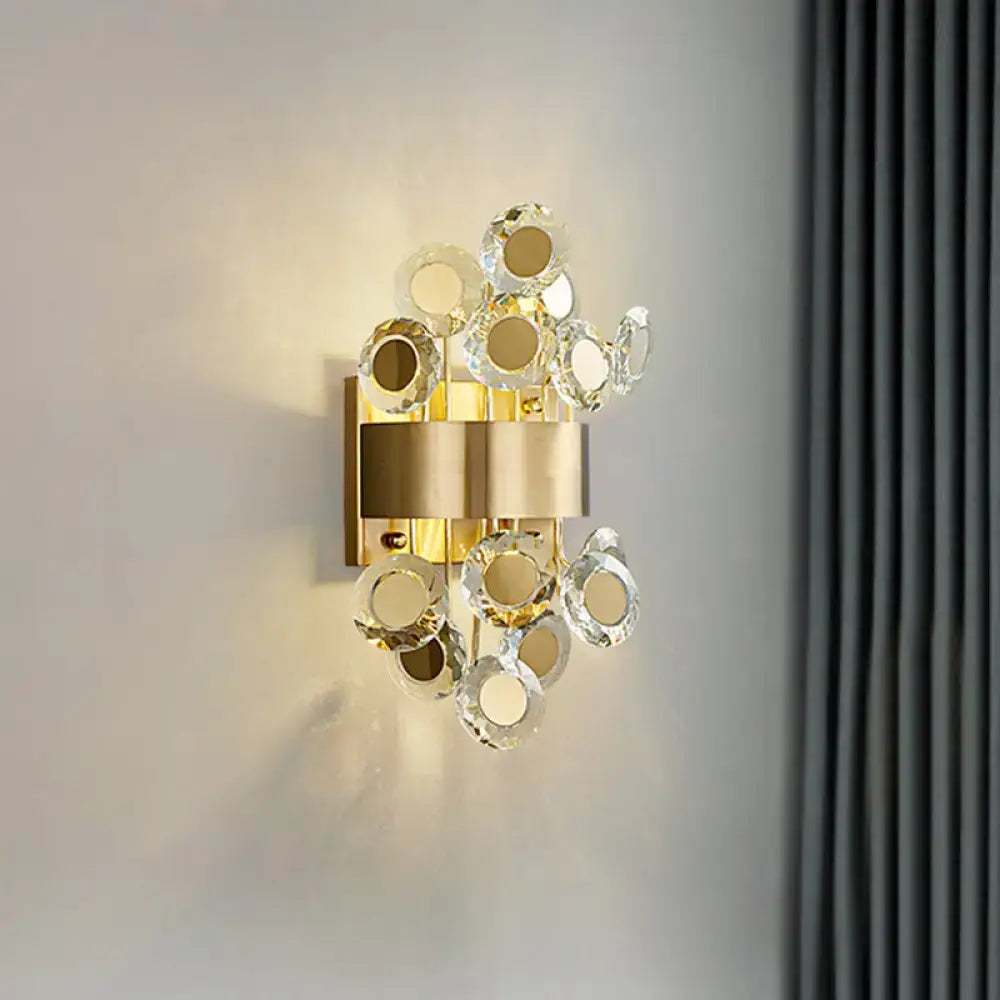 Mid century gold crystal wall light with integrated led and clear faceted crystal rings for living room decor