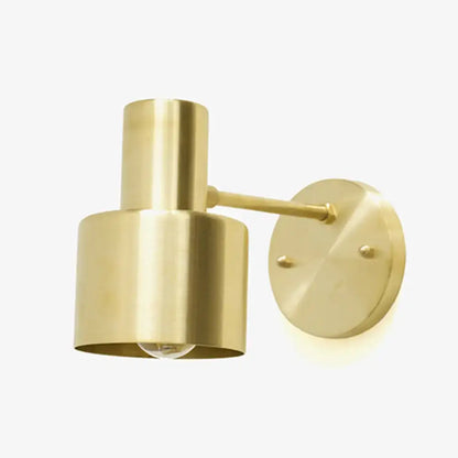 Brass-finished mid-century gold metal cage wall lighting sconce with cylindrical shade and circular backplate for home wall lighting