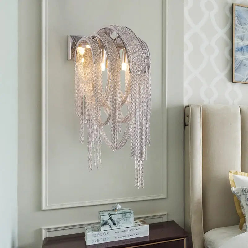 Silver chain curtain wall lamp with gold silver stacked tassel strands for mid century bedroom sconce lighting