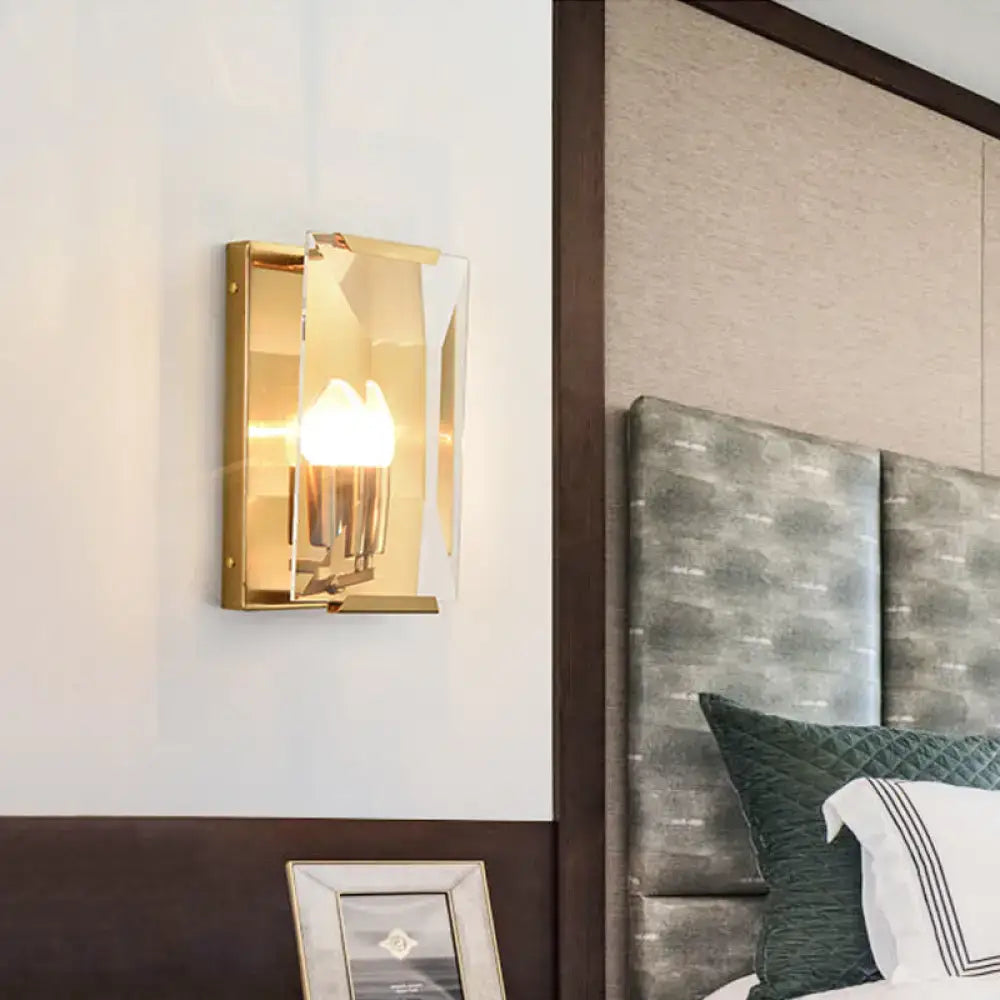 Mid century gold wall sconce with rectangular frame clear glass crystal shield and bulb base for living room lighting
