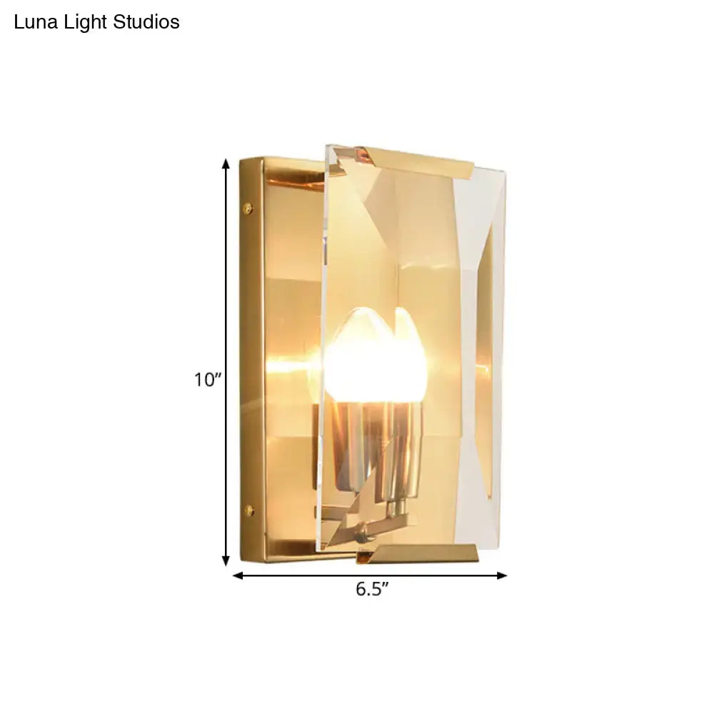 Mid century gold wall sconce with clear geometric acrylic shade and exposed led bulb base for living room lighting