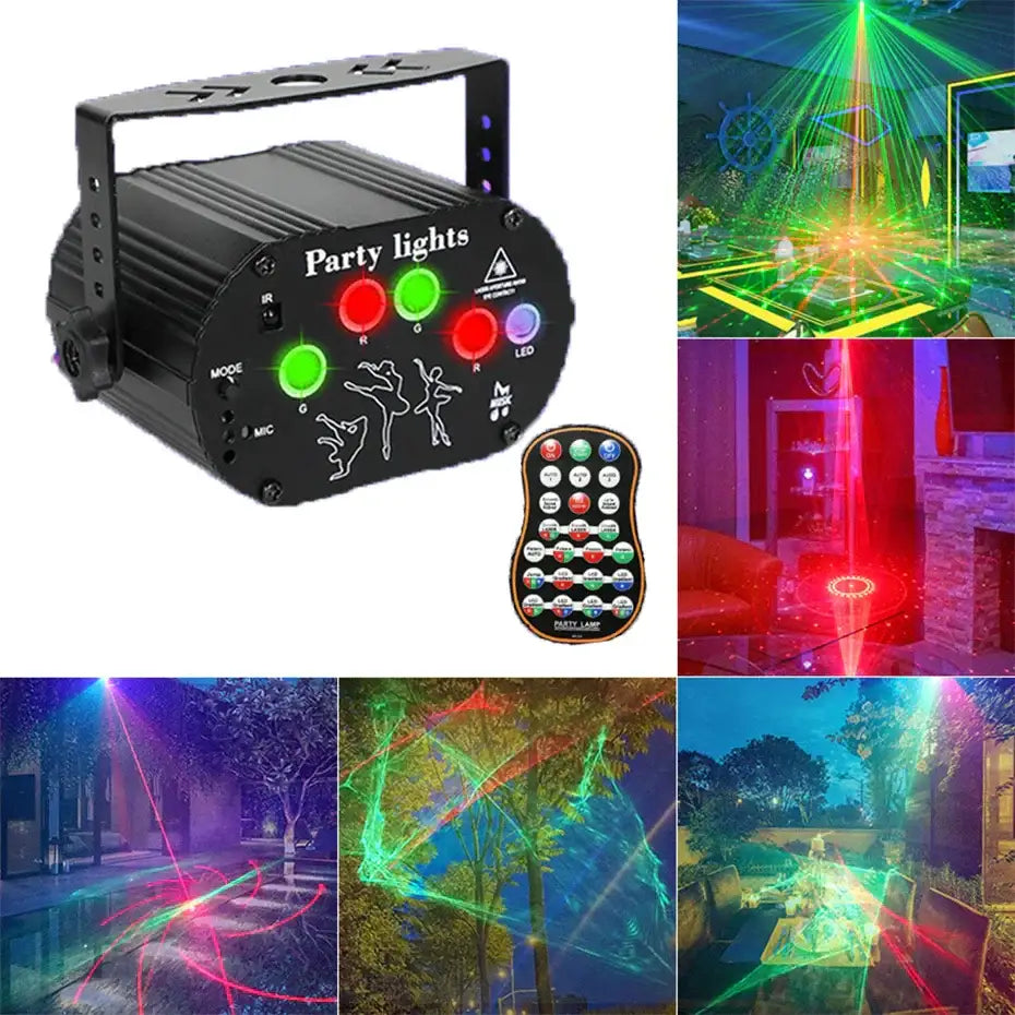 Mini black aurora laser light projector with red green and blue led buttons and remote control for bedroom party lighting