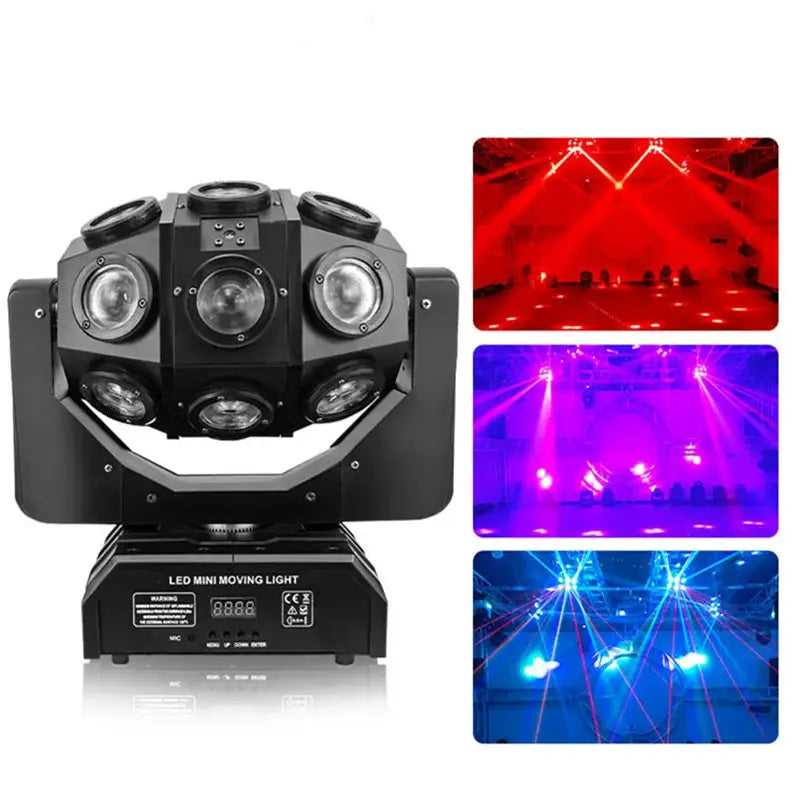 Black led mini moving light with multiple circular lenses and digital display for red green laser light nightclub use