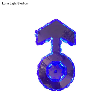 Minimal chrome faceted crystal boy logo wall lighting with a translucent blue crystal pendant featuring a hexagonal cutout
