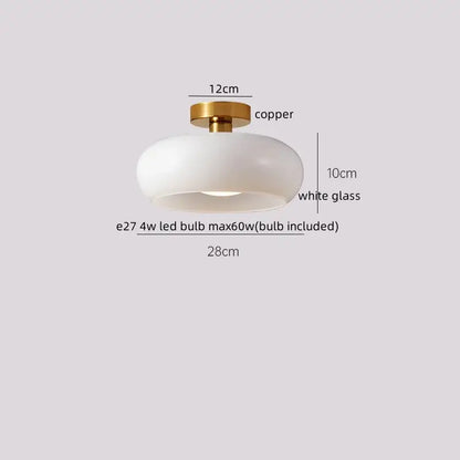Minimalist amber glass copper led ceiling light with a sleek white glass shade and polished copper base for hallway