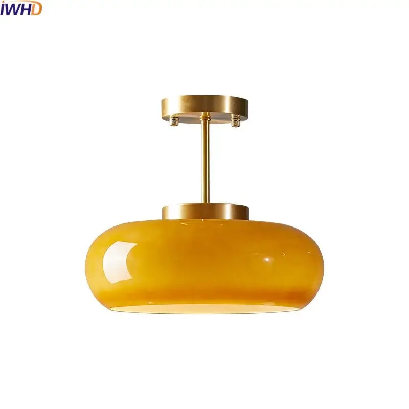 Minimalist amber glass copper led ceiling light with polished brass finish for hallway lighting