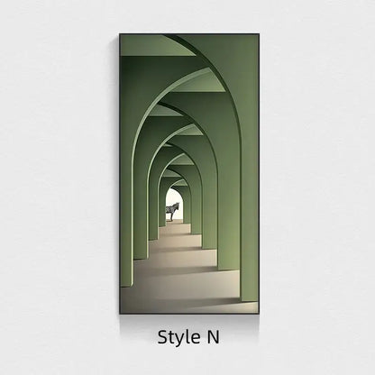 Minimalist beige abstract led wall lamp featuring modern green arched corridor art with a distant zebra in hallway frame