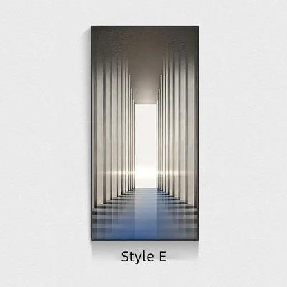 Minimalist beige abstract led wall lamp with modern wall art featuring a symmetrical corridor and metallic pillars