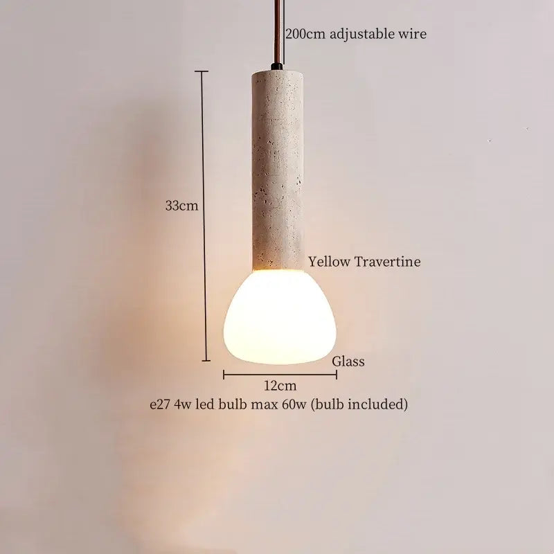 A minimalist pendant light with a cylindrical yellow travertine body and frosted glass bulb for decorbites glass stone led lighting