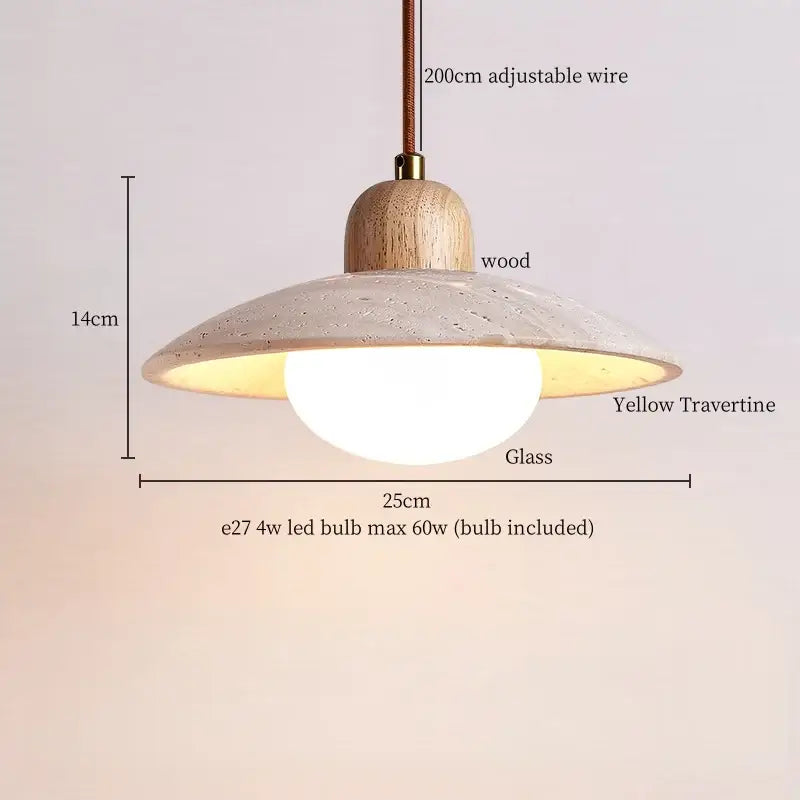 Minimalist beige and white decorbites glass stone led pendant light with yellow travertine shade and bronze wire suspension