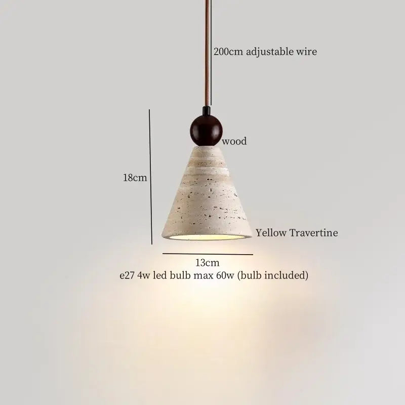 A minimalist beige and white glass stone led pendant light with a yellow travertine shade and dark wood accent