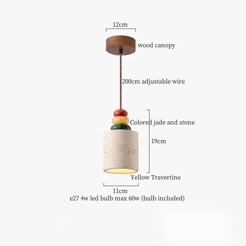A modern pendant light with a wooden canopy, adjustable wire, yellow travertine shade, and glass stone led accents