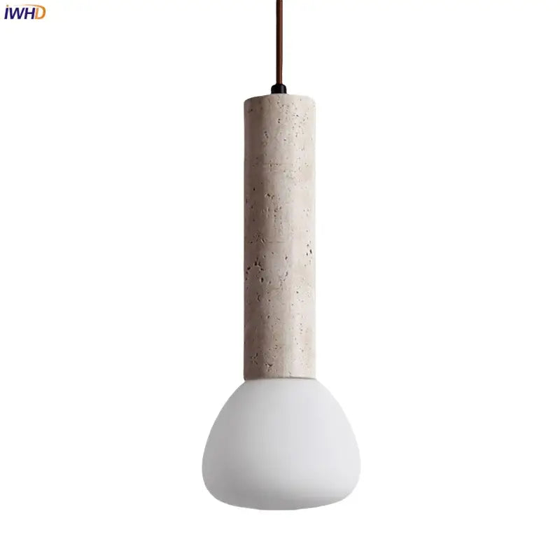 Minimalist beige concrete cylinder pendant light with smooth white glass bulb from decorbites glass stone led collection