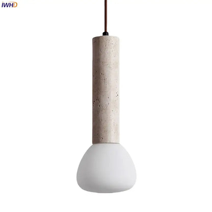 Minimalist beige concrete cylinder pendant light with smooth white glass bulb from decorbites glass stone led collection