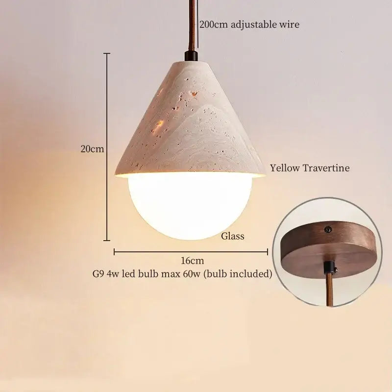 Yellow travertine cone-shaped pendant light with frosted glass globe for minimalist kitchen decorbites glass stone led lighting