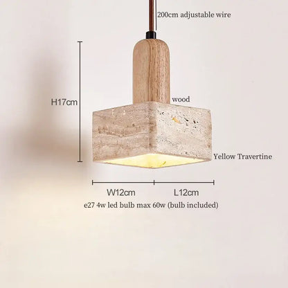 A modern pendant light with a square yellow travertine shade and wooden top by decorbites glass stone led