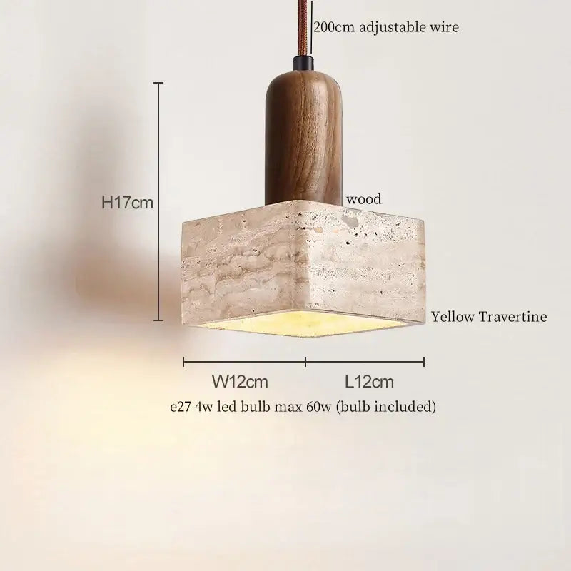Modern pendant light with warm yellow travertine base and dark wood top for minimalist kitchen decorbites glass stone led design