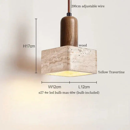 Modern pendant light with warm yellow travertine base and dark wood top for minimalist kitchen decorbites glass stone led design