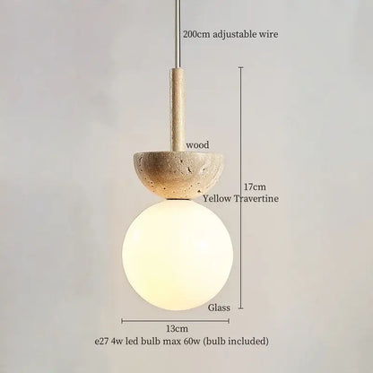 Minimalist beige and white glass stone led pendant light with a frosted globe and travertine disc for kitchen decorbites pendant lights
