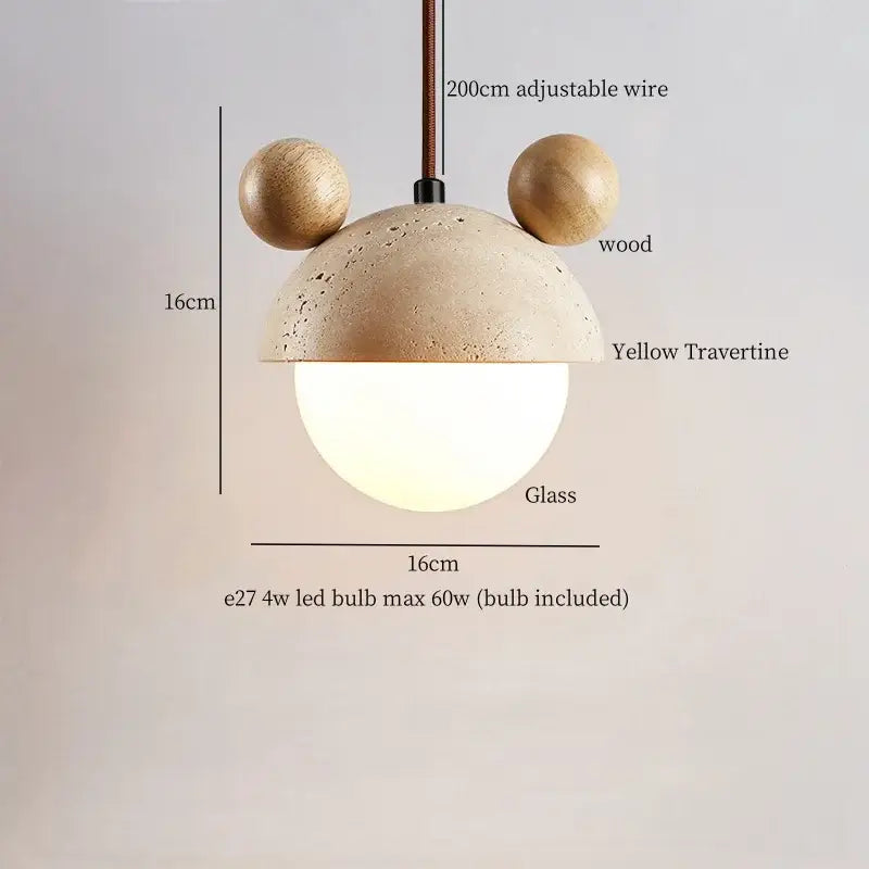 Minimalist beige and white glass stone led pendant light with a cute acorn shape and textured yellow travertine top decorbites glass stone