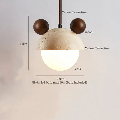 Minimalist beige and white pendant lights with a travertine dome dark wood ears and frosted glass globe decorbites glass stone led