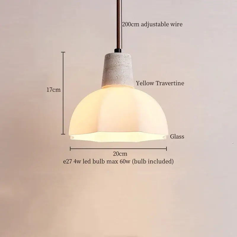 Minimalist beige and white glass stone LED pendant light with a textured yellow travertine top for pendant lights decorbites glass stone