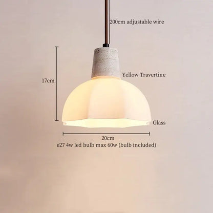 Minimalist beige and white glass stone LED pendant light with a textured yellow travertine top for pendant lights decorbites glass stone