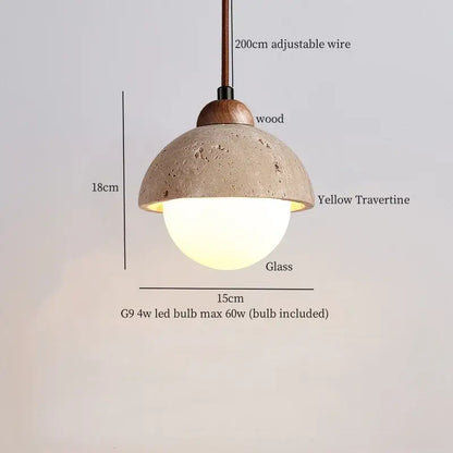 Minimalist warm-toned pendant light with yellow travertine dome wooden top and frosted glass globe for kitchen decorbites glass stone led