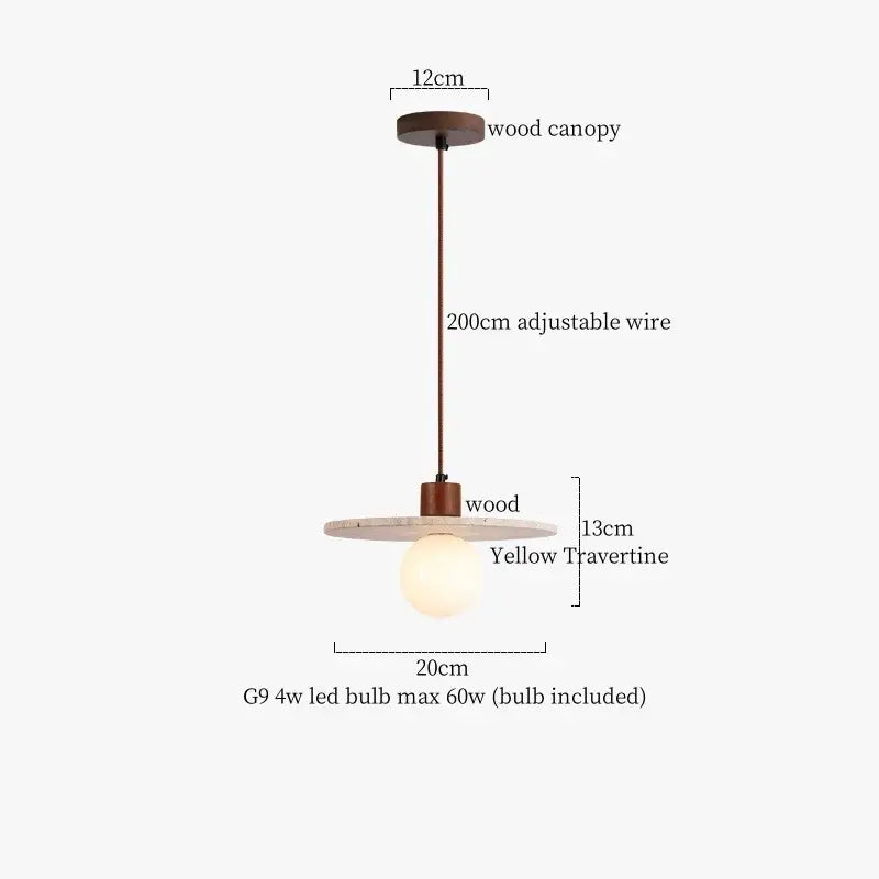Minimalist pendant light with warm wood canopy, bronze wire, and yellow travertine glass stone led shade for decorbites pendant lights