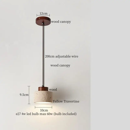 Minimalist pendant light with warm wood canopy, adjustable metal wire, and yellow travertine glass stone led shade for kitchens