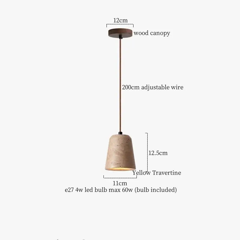 Minimalist beige and white glass stone led pendant light with yellow travertine cone shade and adjustable bronze wire decorbites pendant lights