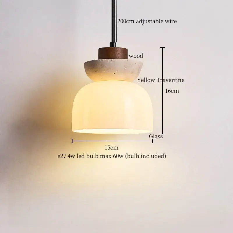 Minimalist glass stone led pendant light with warm-toned glass, yellow travertine base, and wooden top for kitchen decorbites pendant lights