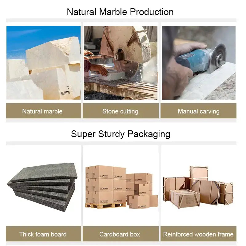 Collage showing natural marble production and super sturdy packaging of decorbites beige brown travertine marble tray for dining room decor