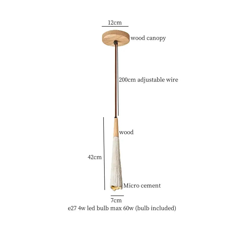 Minimalist beige decorbites cement led pendant light with natural wood canopy and textured white micro cement shade